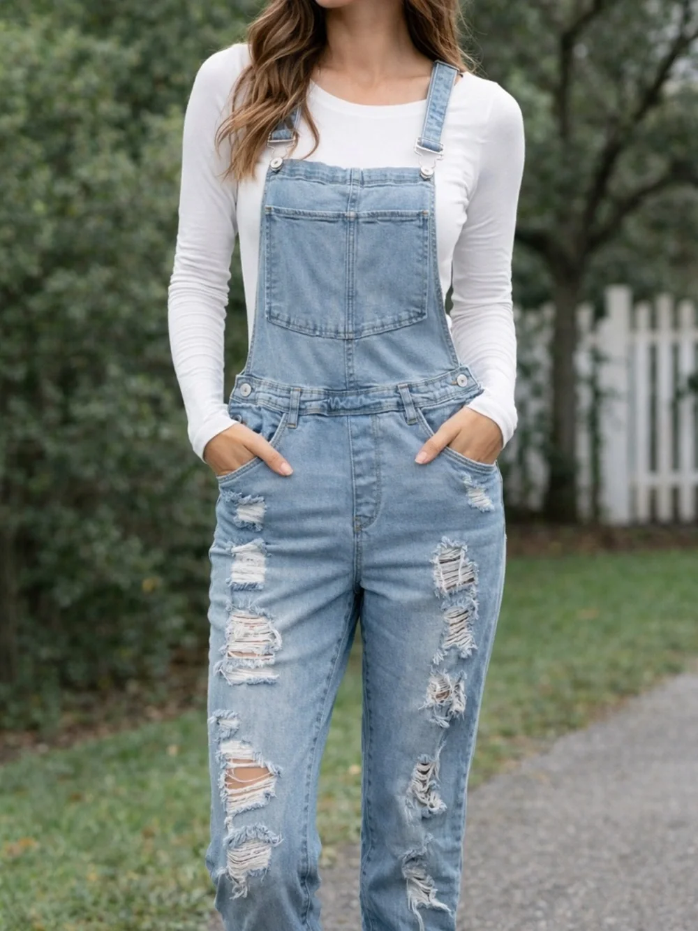 Light Blue Distressed Denim Overalls - Women Jeans - Picture 1 of 6